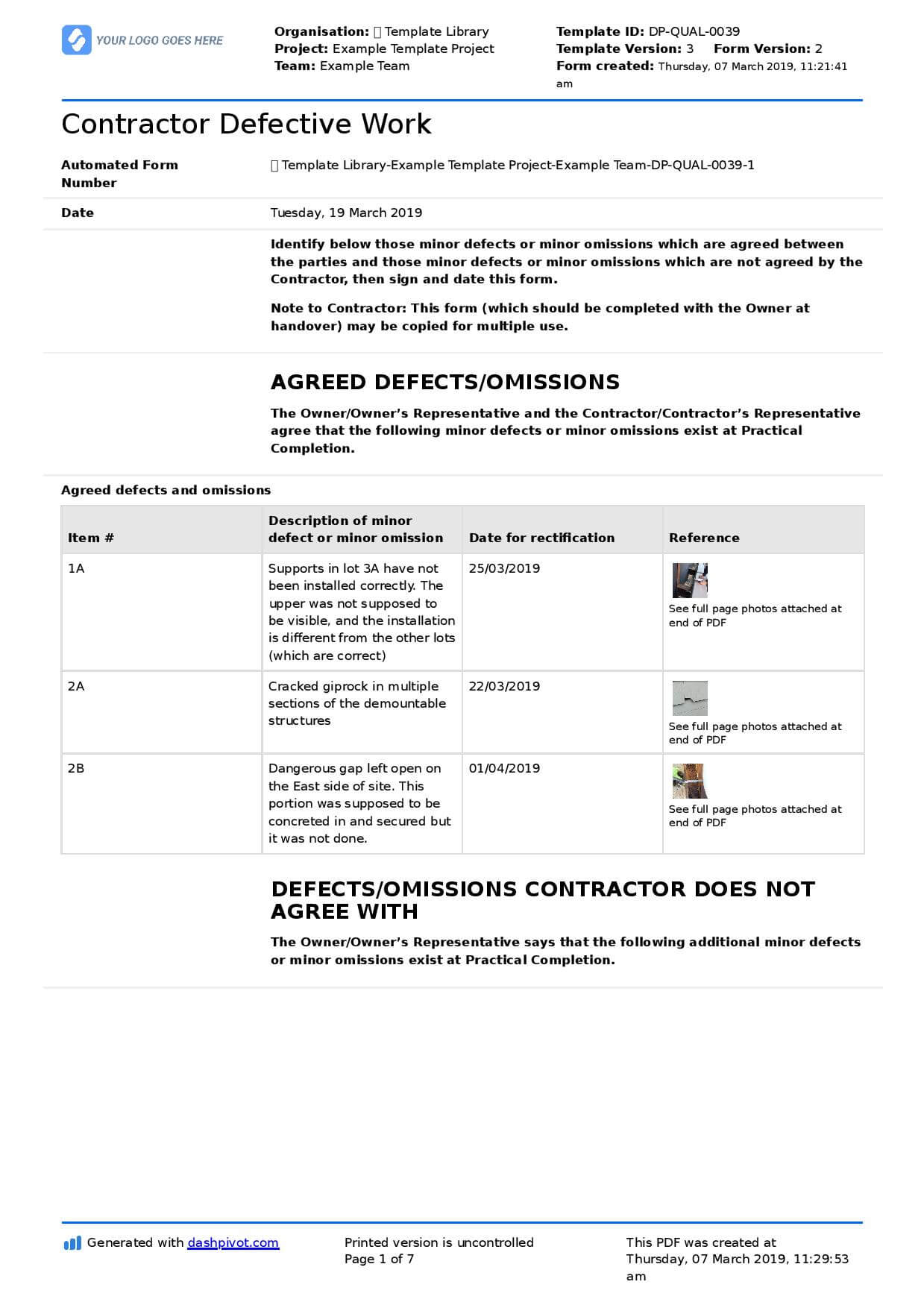 Letter To Contractor For Defective Work: Sample Letter And Within Building Defect Report Template
