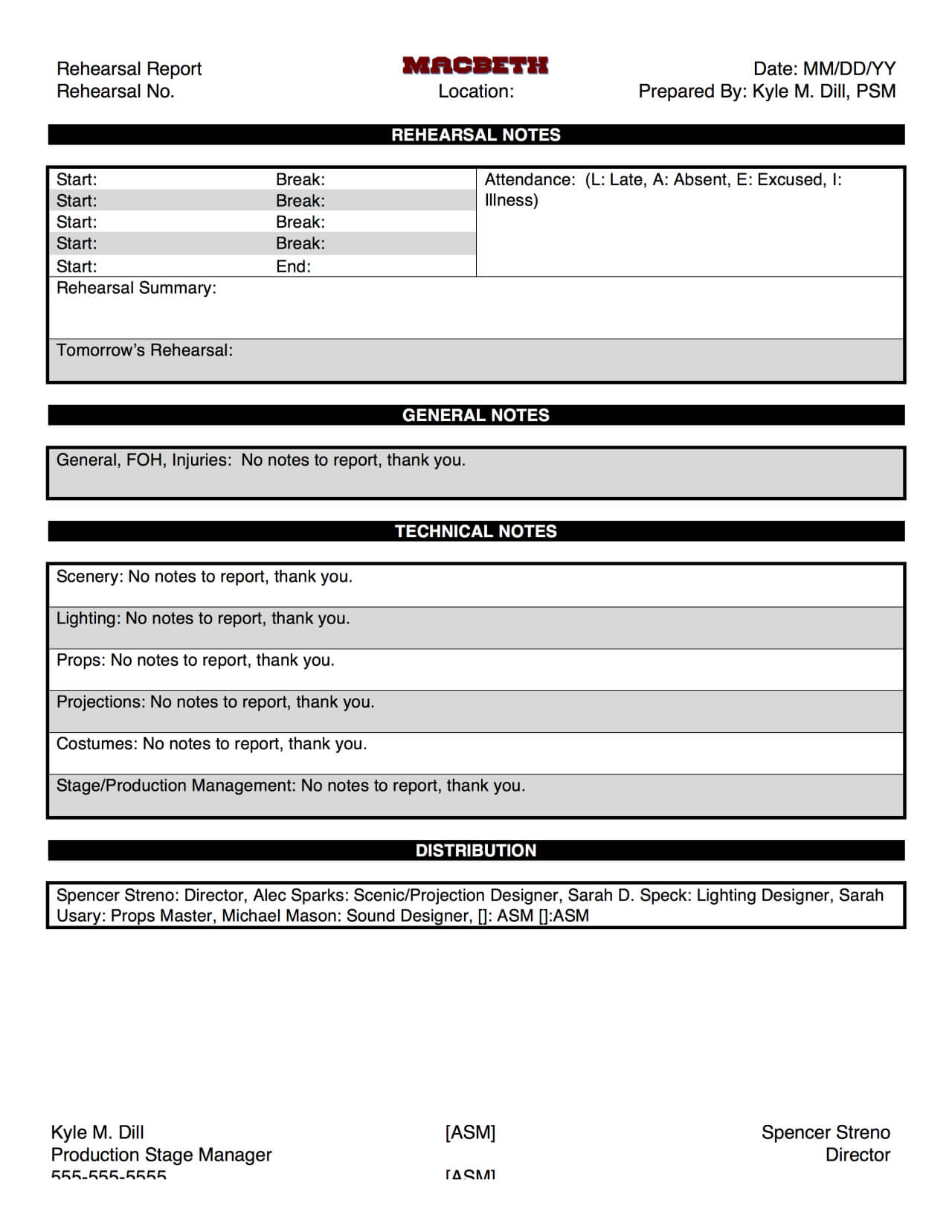 Macbeth@su Production Blog — Here's The Template For Our For Rehearsal Report Template