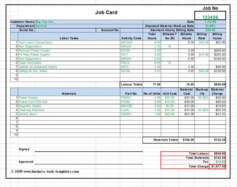 Job Card Template Mechanic - Professional Template