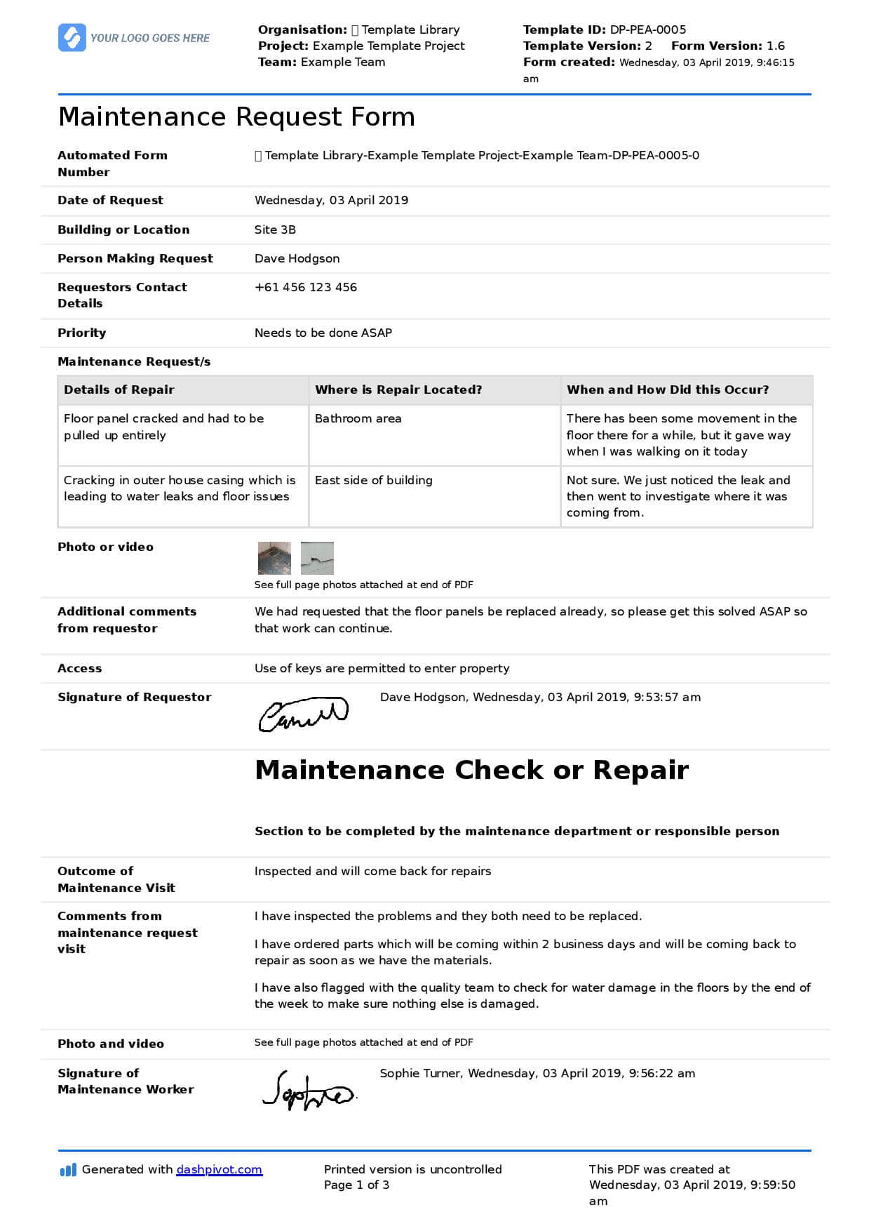 Maintenance Request Form Template (Better Than Pdf And Excel) Intended For Computer Maintenance Report Template