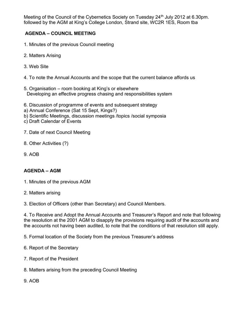 Meeting Of The Council Of The Cybernetics Society On Tuesday Inside Treasurer's Report Agm Template