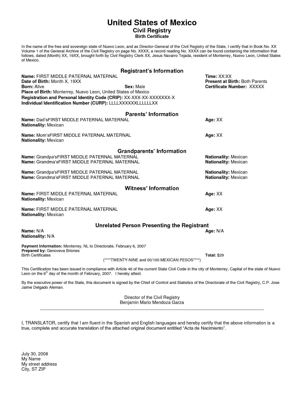 Mexican Birth Certificate Translations Marriage Template Regarding Mexican Marriage Certificate Translation Template