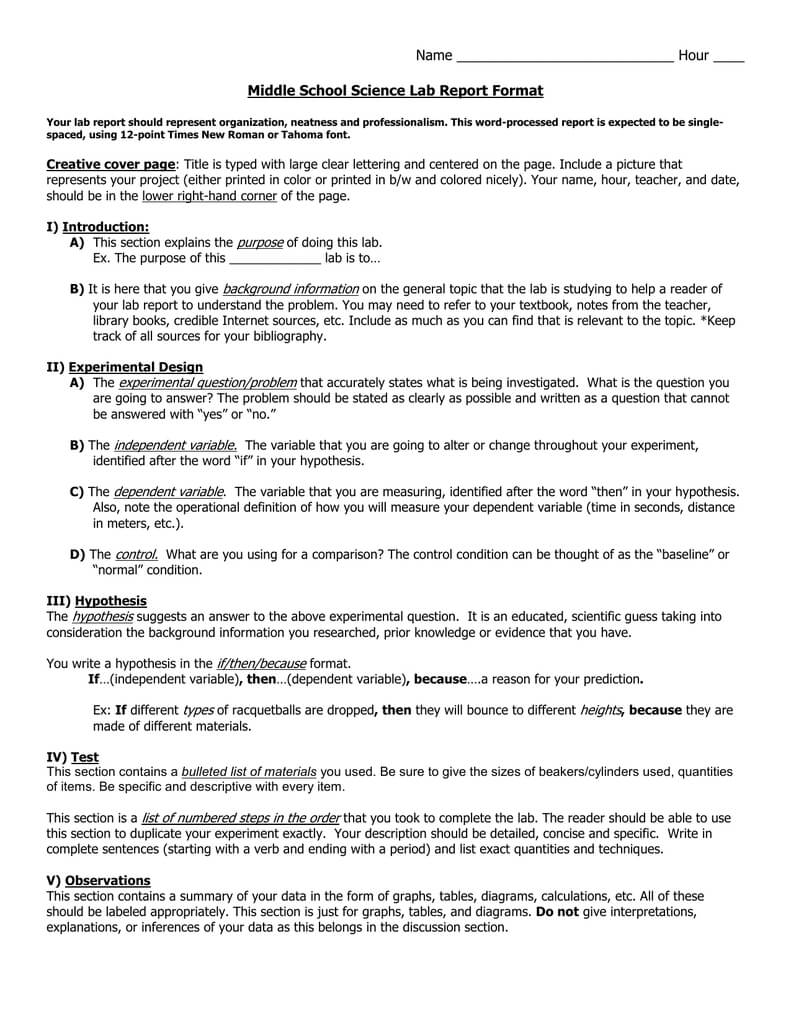 Middle School Science Lab Report Format In Lab Report Template Middle School