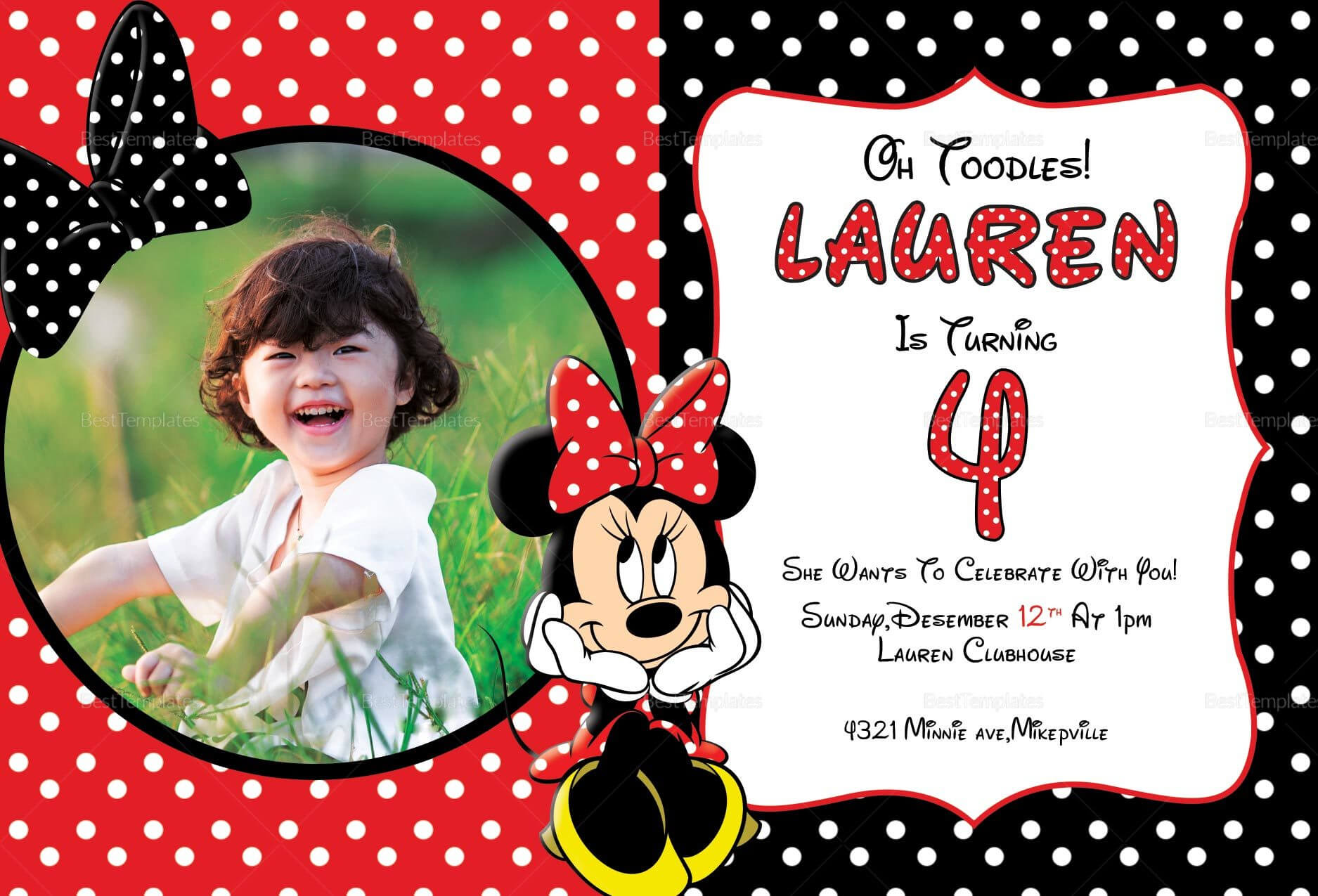 Minnie Mouse Photo Invitation Card Template Within Minnie Mouse Card Templates