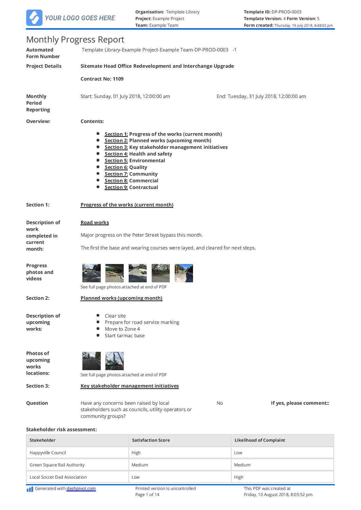 Monthly Construction Progress Report Template: Use This Regarding Monthly Project Progress Report Template