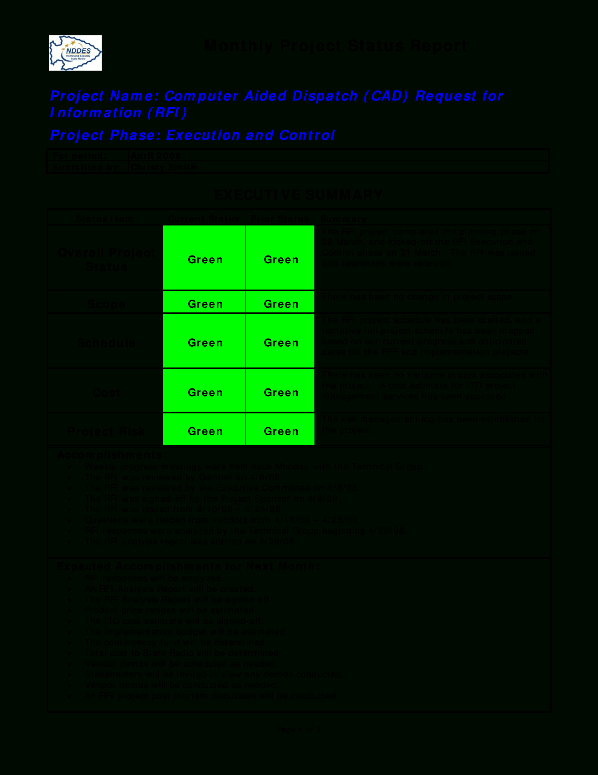 Monthly Project Status Report | Templates At Pertaining To Project Monthly Status Report Template