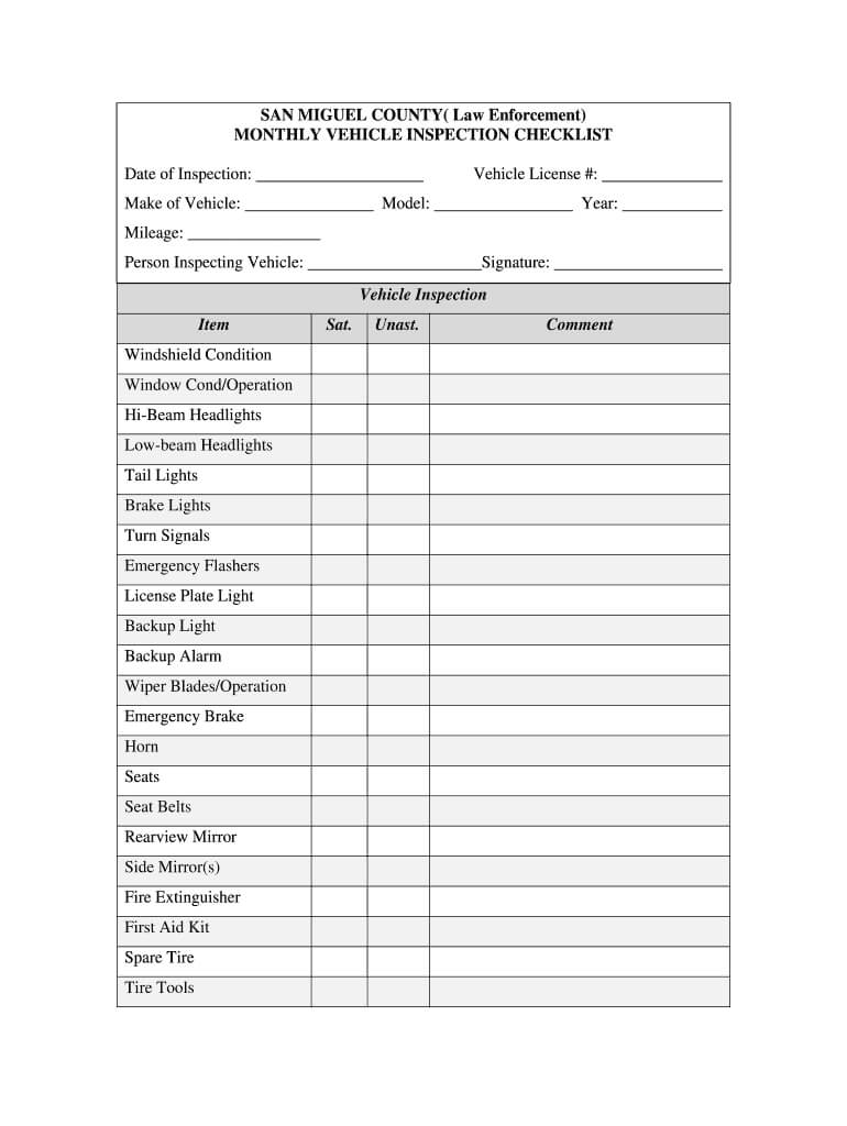 Monthly Vehicle Inspection Checklist – Fill Online In Vehicle Checklist Template Word