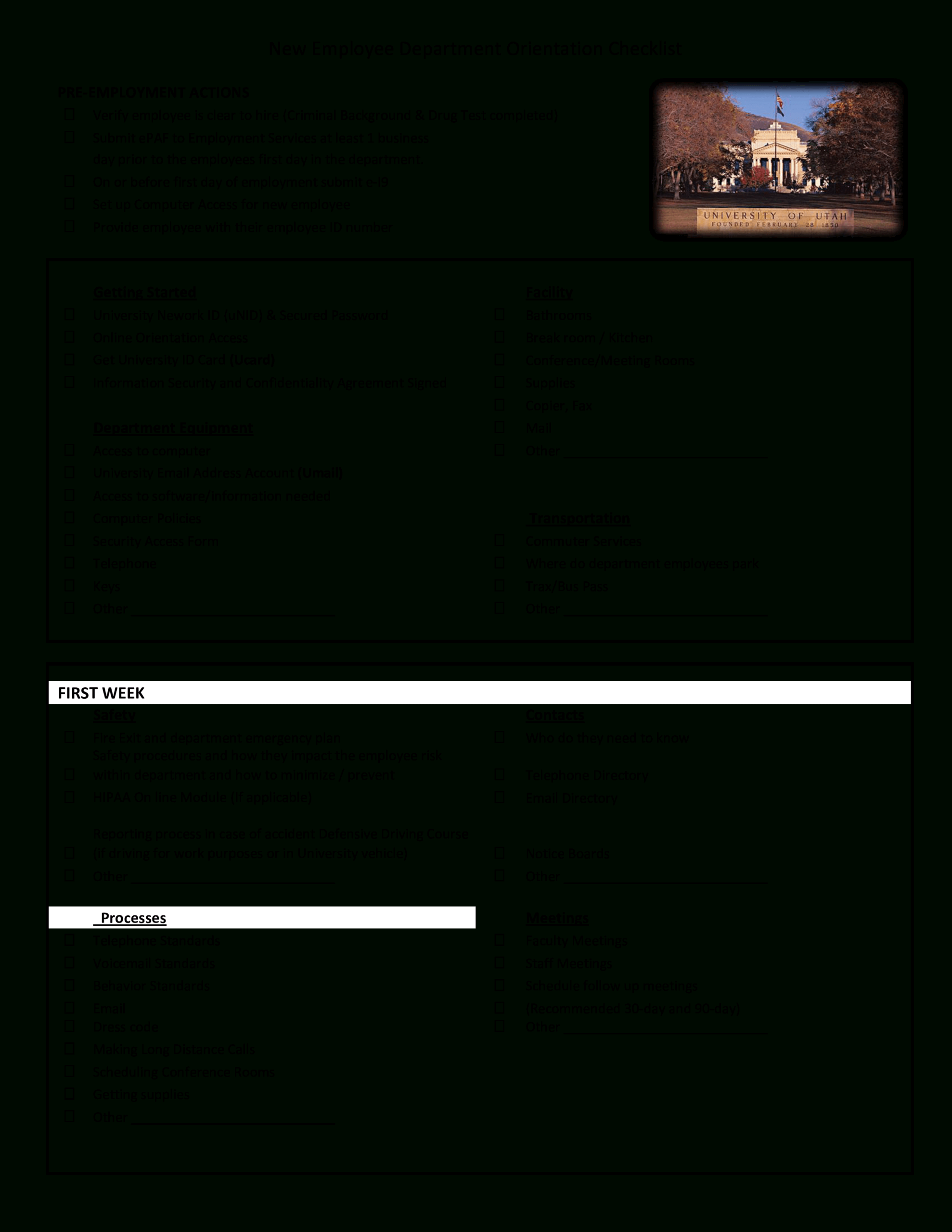 New Employee Department Orientation Checklist | Templates For Faculty Id Card Template