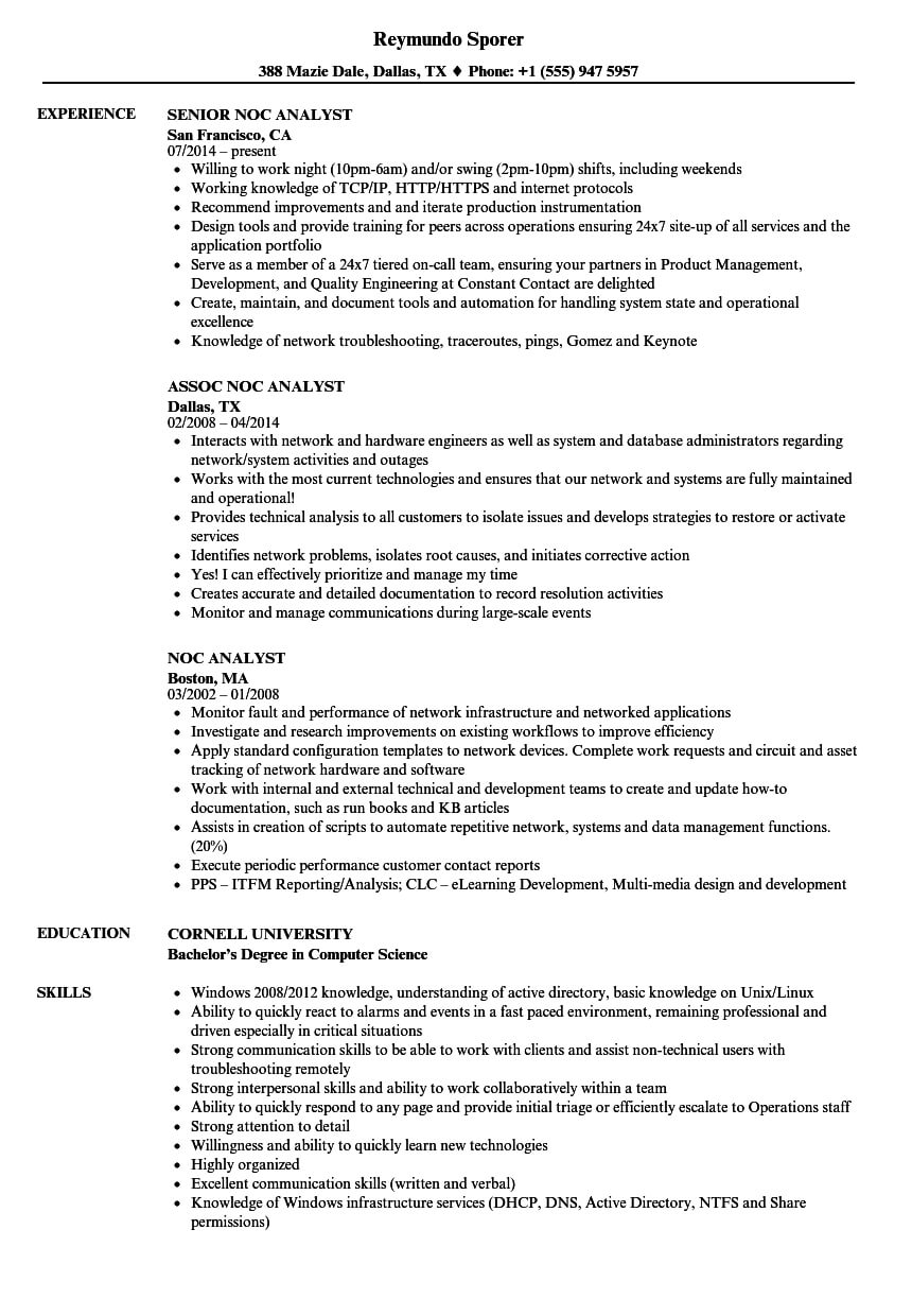 Noc Analyst Resume Samples | Velvet Jobs With Noc Report Template