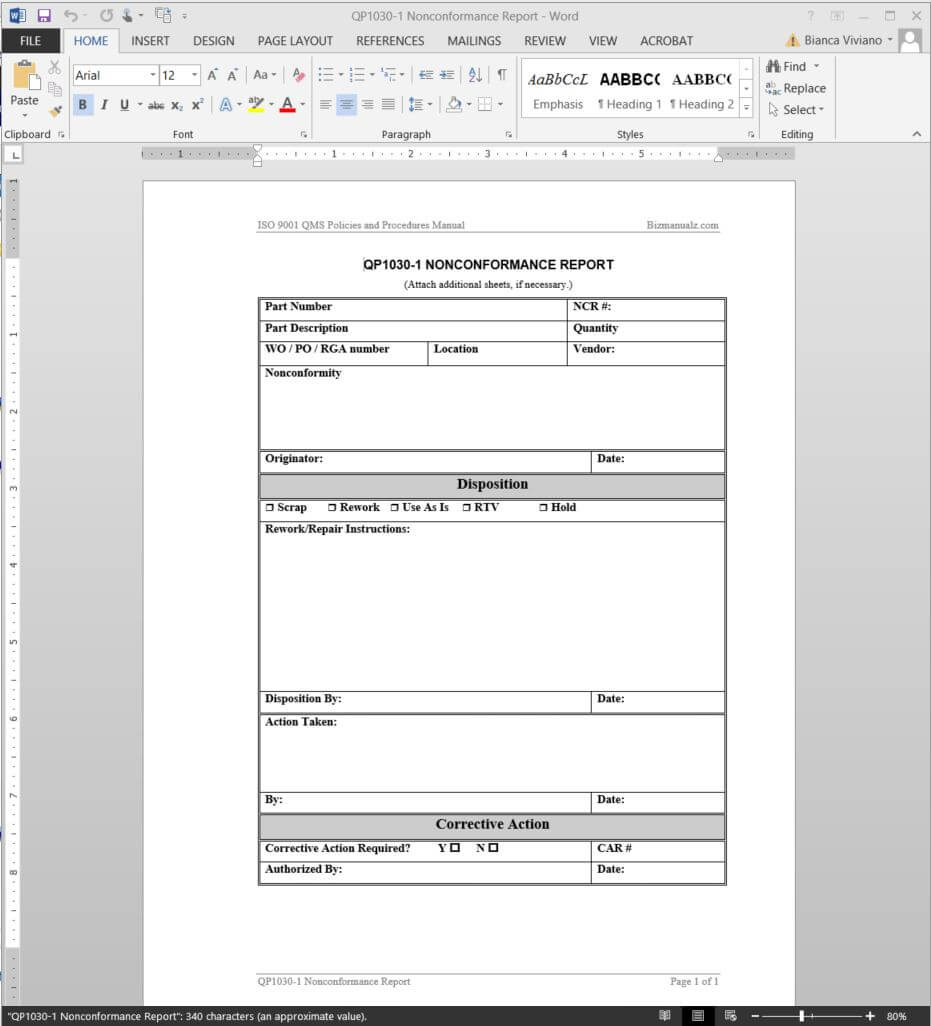 Nonconformance Report Iso Template | Qp1030 1 With Non Conformance Report Form Template
