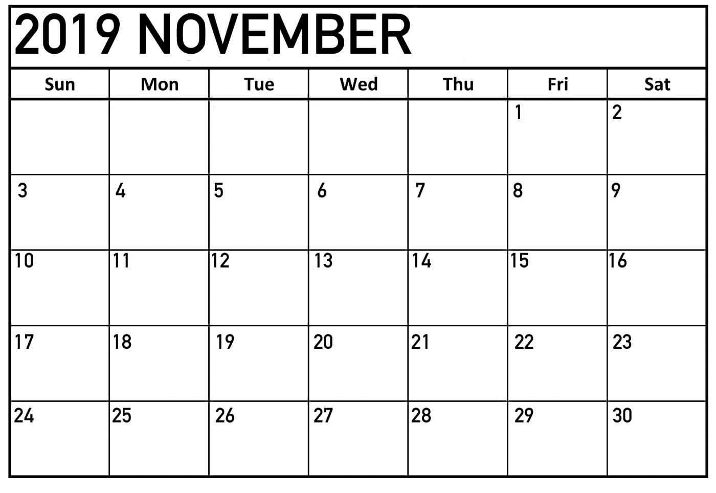 November 2019 Printable Calendar One Page Template – Latest Intended For Full Page Blank Calendar Template