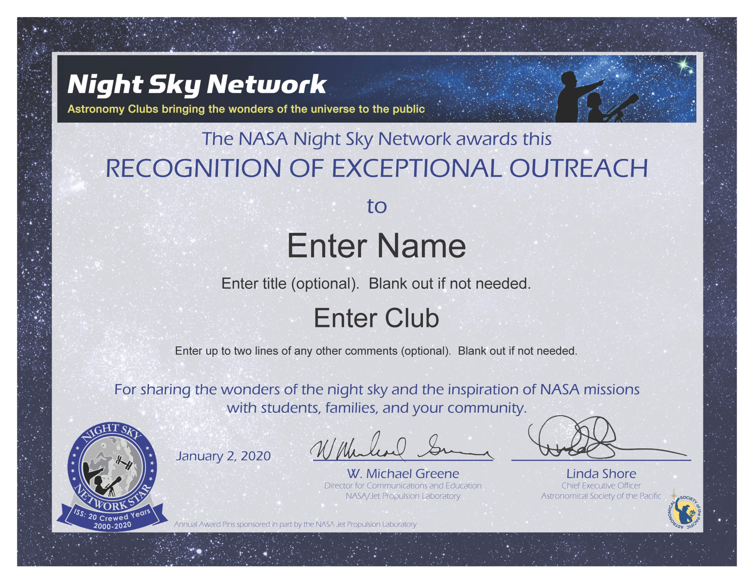 Nsn Astronomy Outreach Award Certificate: Honor Service With Regard To Borderless Certificate Templates