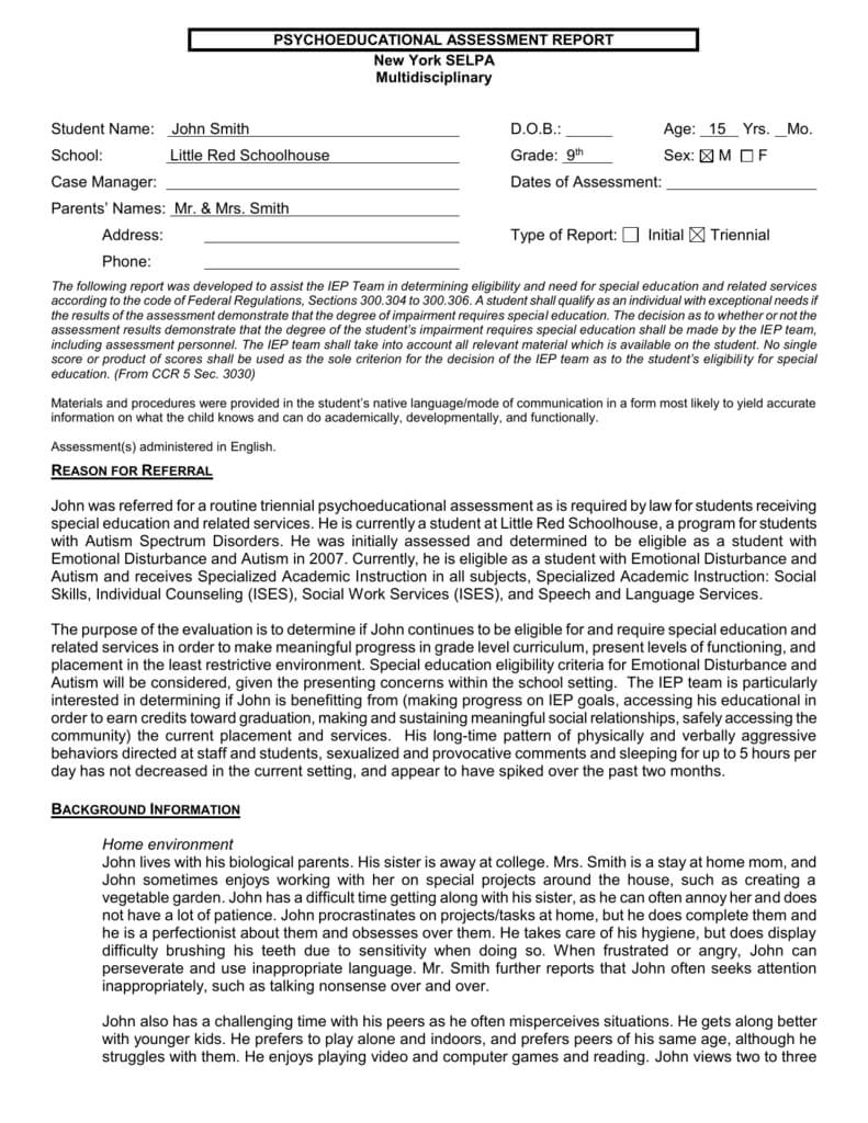 Page Of – Ventura County Selpa Pertaining To Psychoeducational Report Template