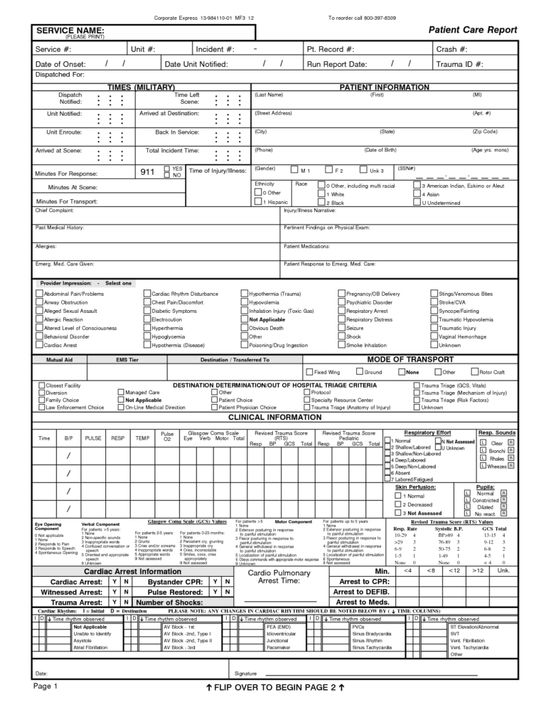 Patient Care Report Template Word Sample Ems Example Inside Patient Report Form Template 7556