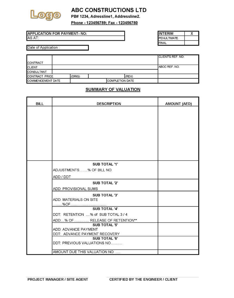 Payment Application Format For Construction Companies Inside Certificate Of Payment Template