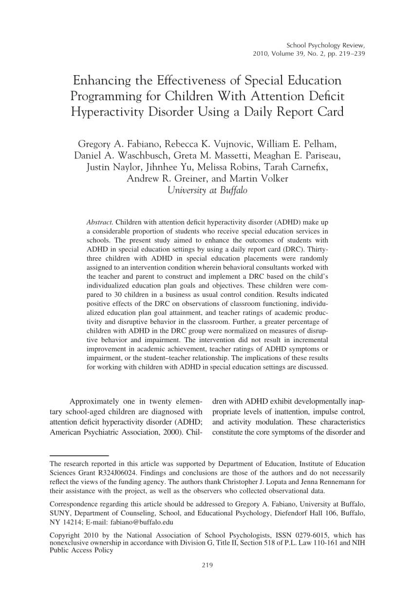 Pdf) Enhancing The Effectiveness Of Special Education In Daily Report Card Template For Adhd