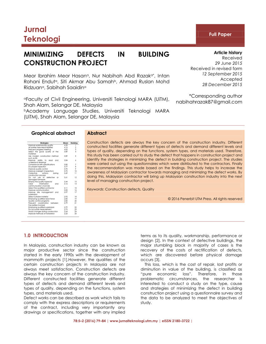 Pdf) Minimizing Defects In Building Construction Project With Construction Deficiency Report Template