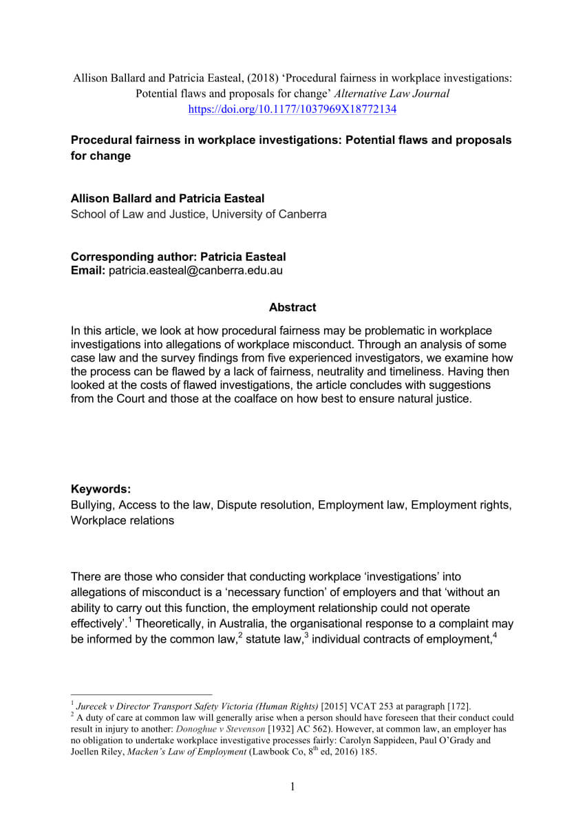 Pdf) Procedural Fairness In Workplace Investigations Intended For Sexual Harassment Investigation Report Template