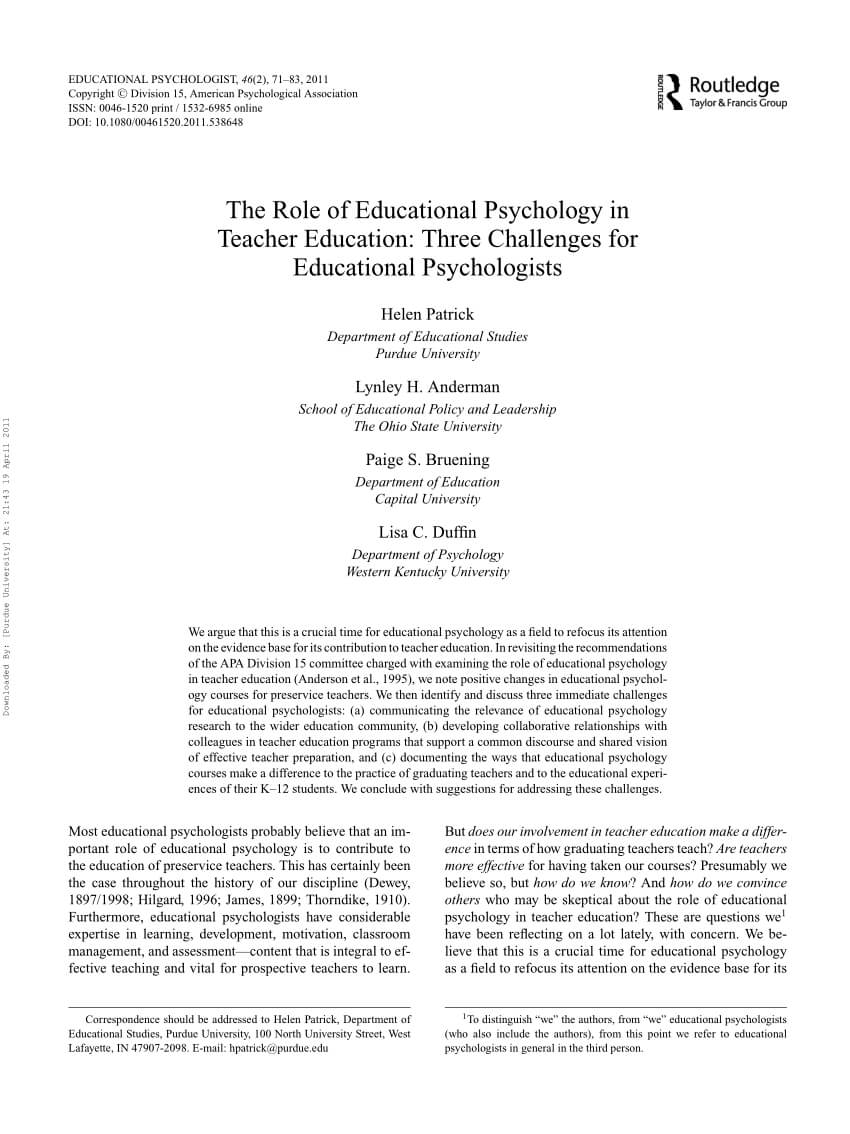 Pdf) The Role Of Educational Psychology In Teacher Education Pertaining To School Psychologist Report Template