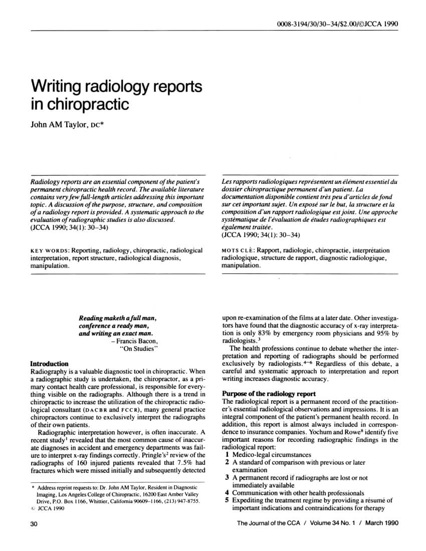 Pdf) Writing Radiology Reports In Chiropractic For Chiropractic X Ray Report Template