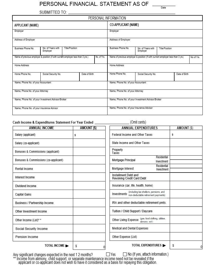 Personal Financial Statement Example - Zohre Intended For Blank Personal Financial Statement Template