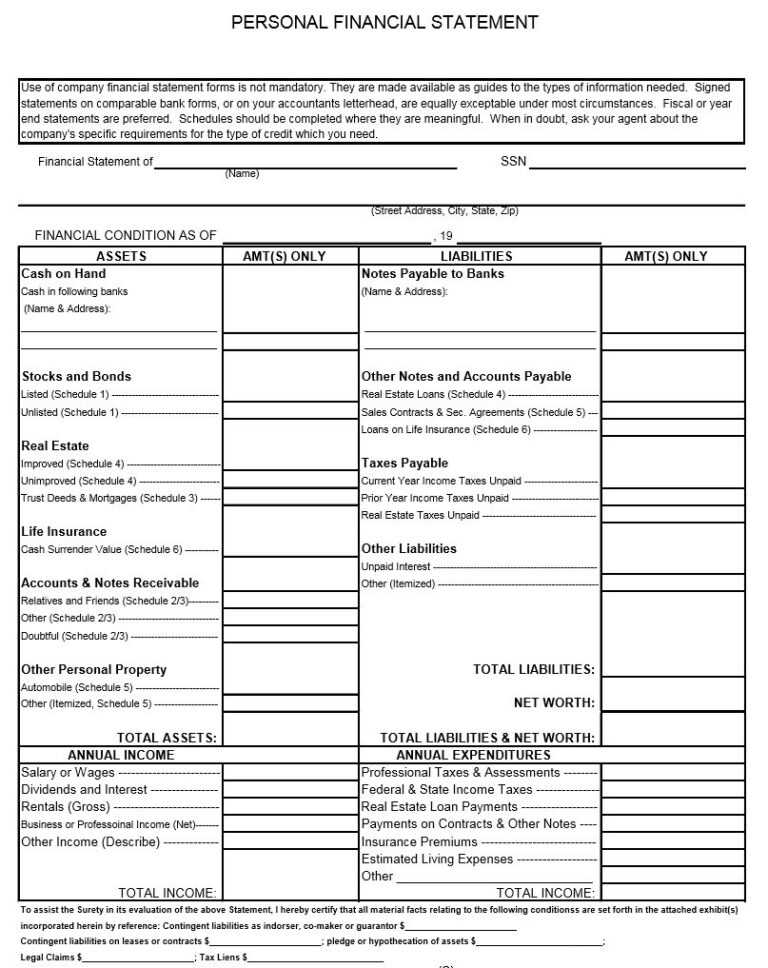 Blank Personal Financial Statement Template - Professional Template