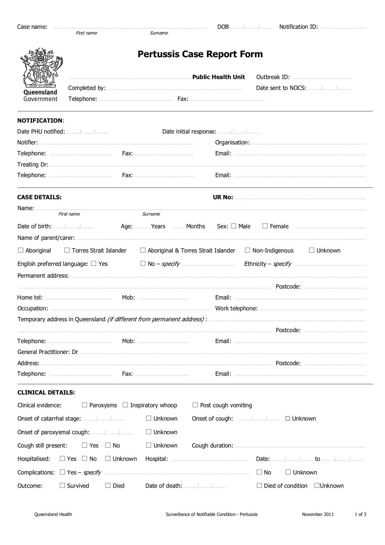 Pertussis Case Report Form – Queensland Health Intended For Case Report Form Template Clinical Trials