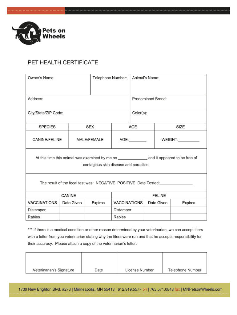 Pet Health Certificate Template – Fill Online, Printable With Regard To Veterinary Health Certificate Template