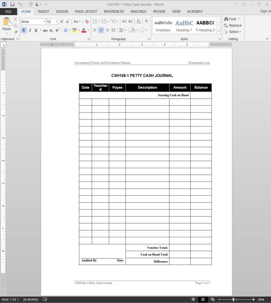 Petty Cash Accounting Journal Template | Csh108 1 Within Petty Cash Expense Report Template