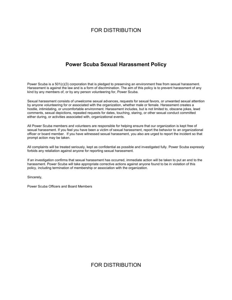 Power Scuba Sexual Harassment Policy – For Distribution Within Sexual Harassment Investigation Report Template