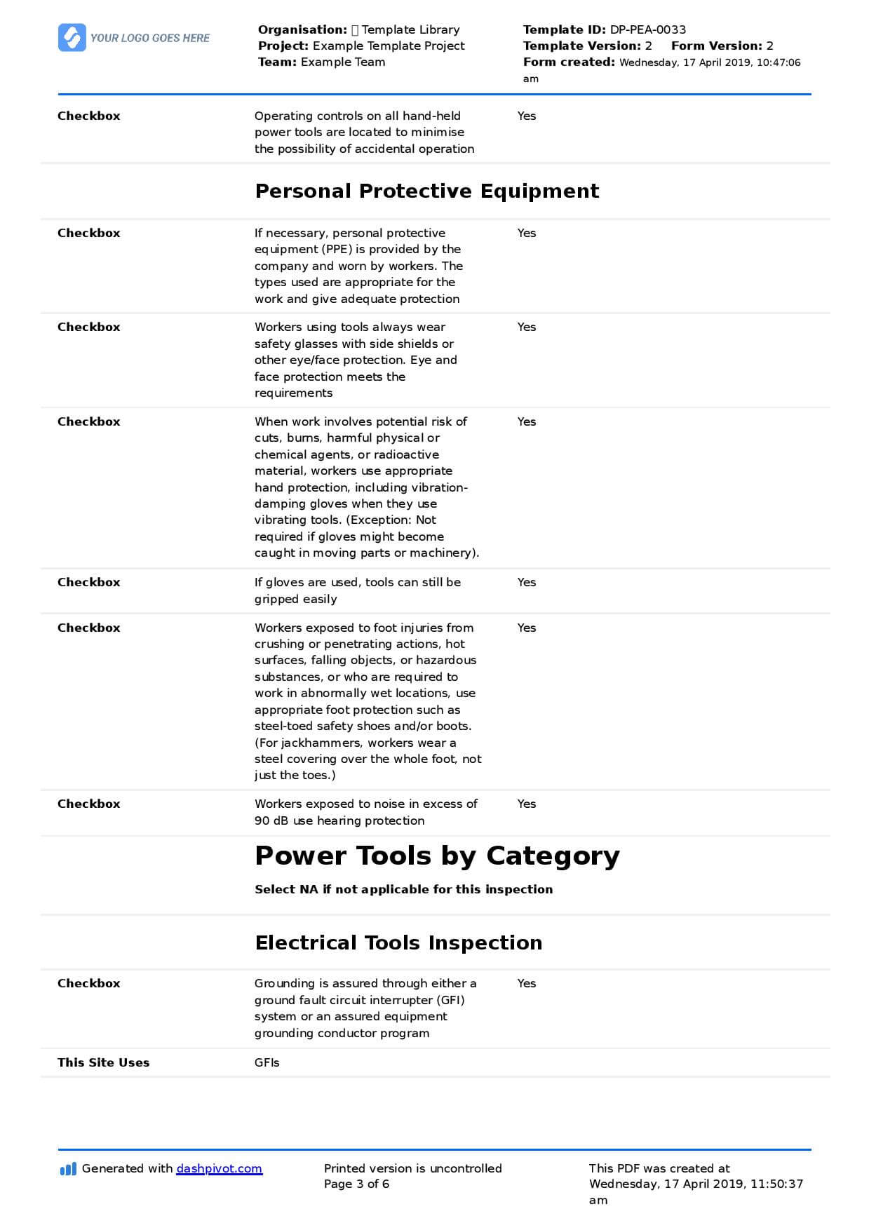 Power Tool Inspection Checklist Template (Free And Edtaible With Equipment Fault Report Template