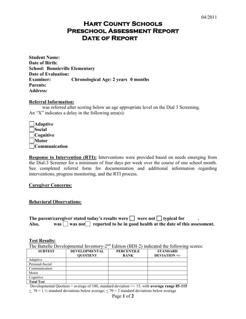 Preschool Evaluation Report Template With Regard To Template For Evaluation Report
