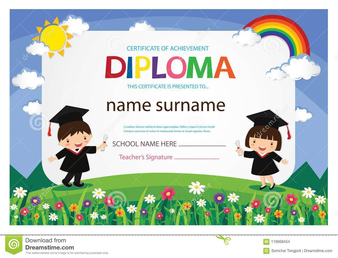 Preschool Kids Diploma Certificate Colorful Background Intended For Children's Certificate Template
