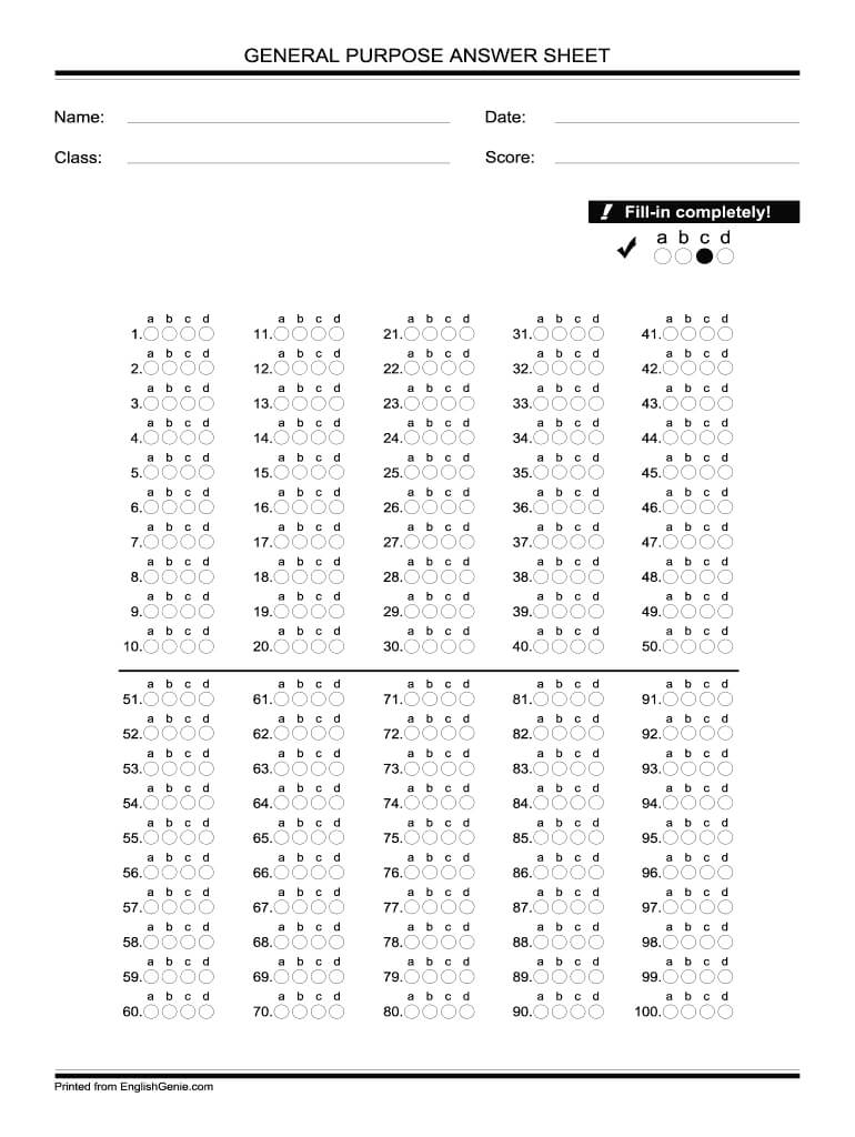 Printable Blank Bubble Sheets For Blank Answer Sheet Template 1 100