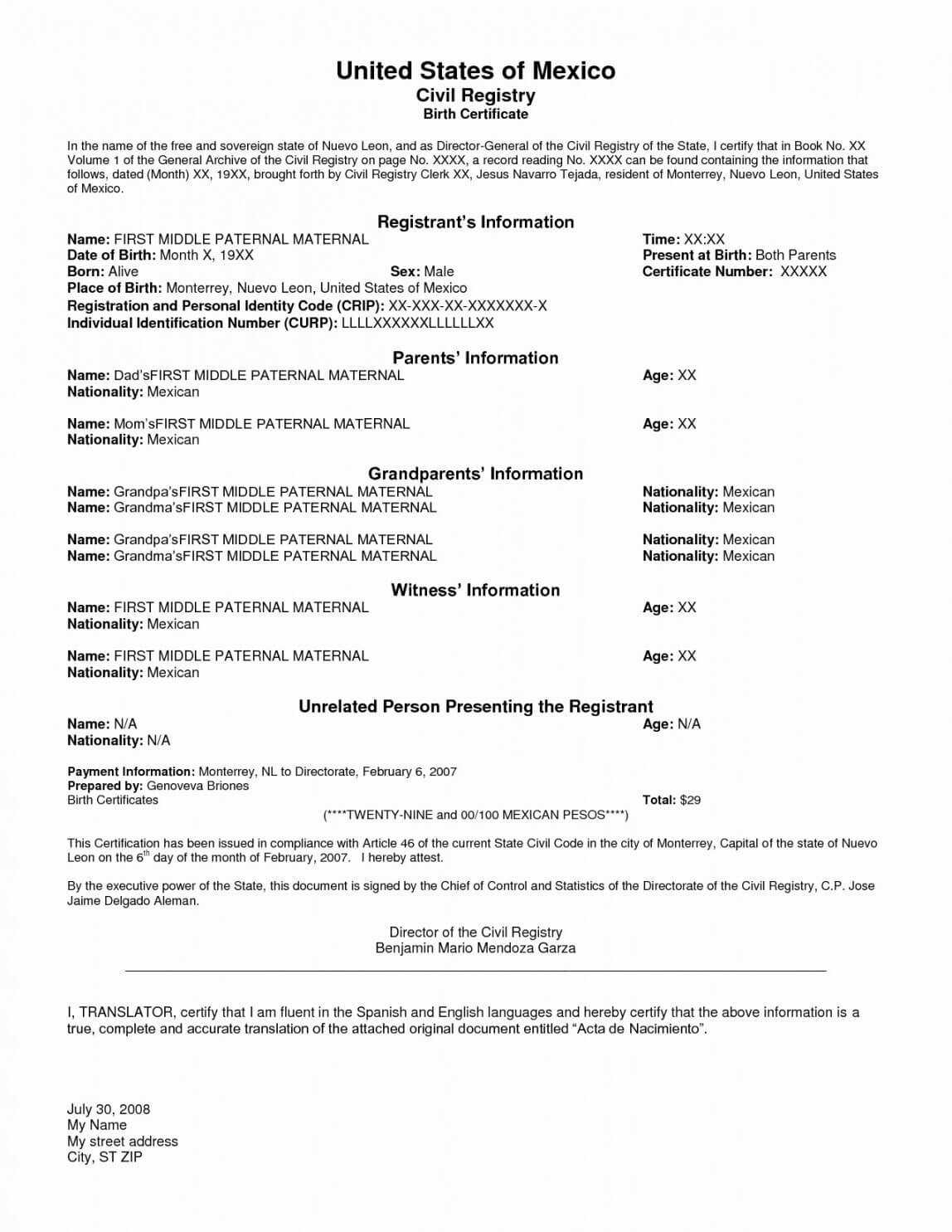 Printable I Do Hereby Certify That The Above Information Intended For Birth Certificate Translation Template