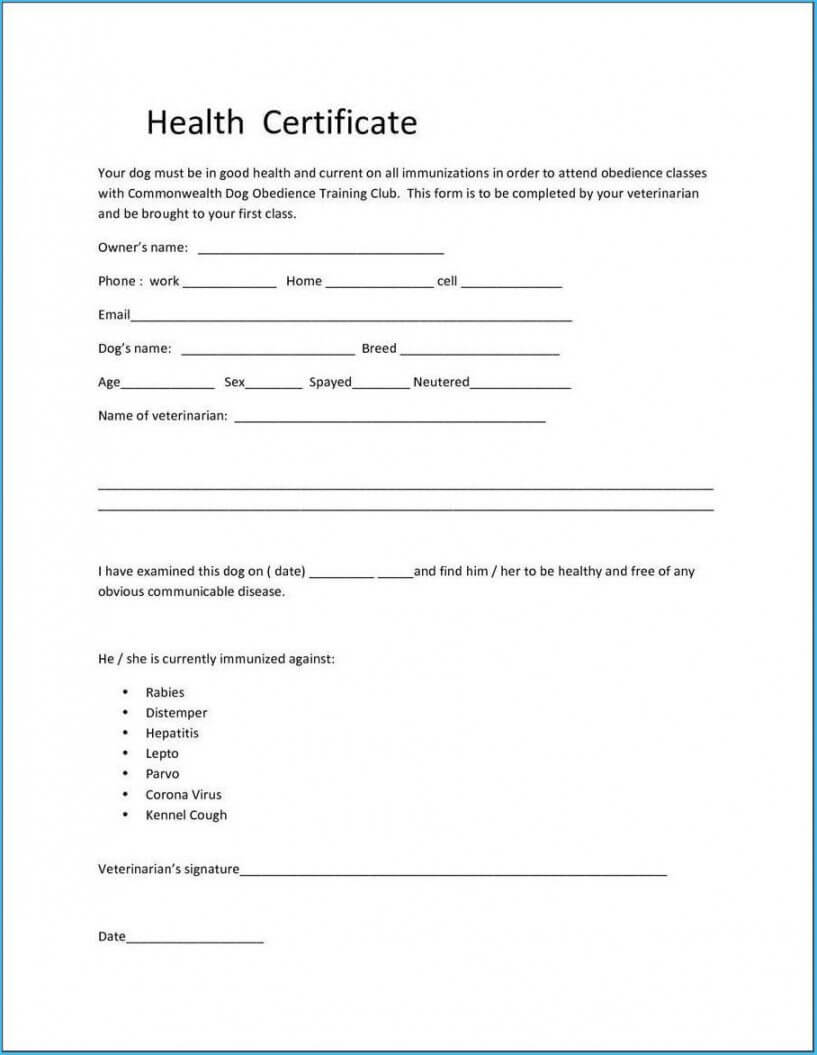 Printable Pet Health Certificate Template 7127 Pet Health For Veterinary Health Certificate Template