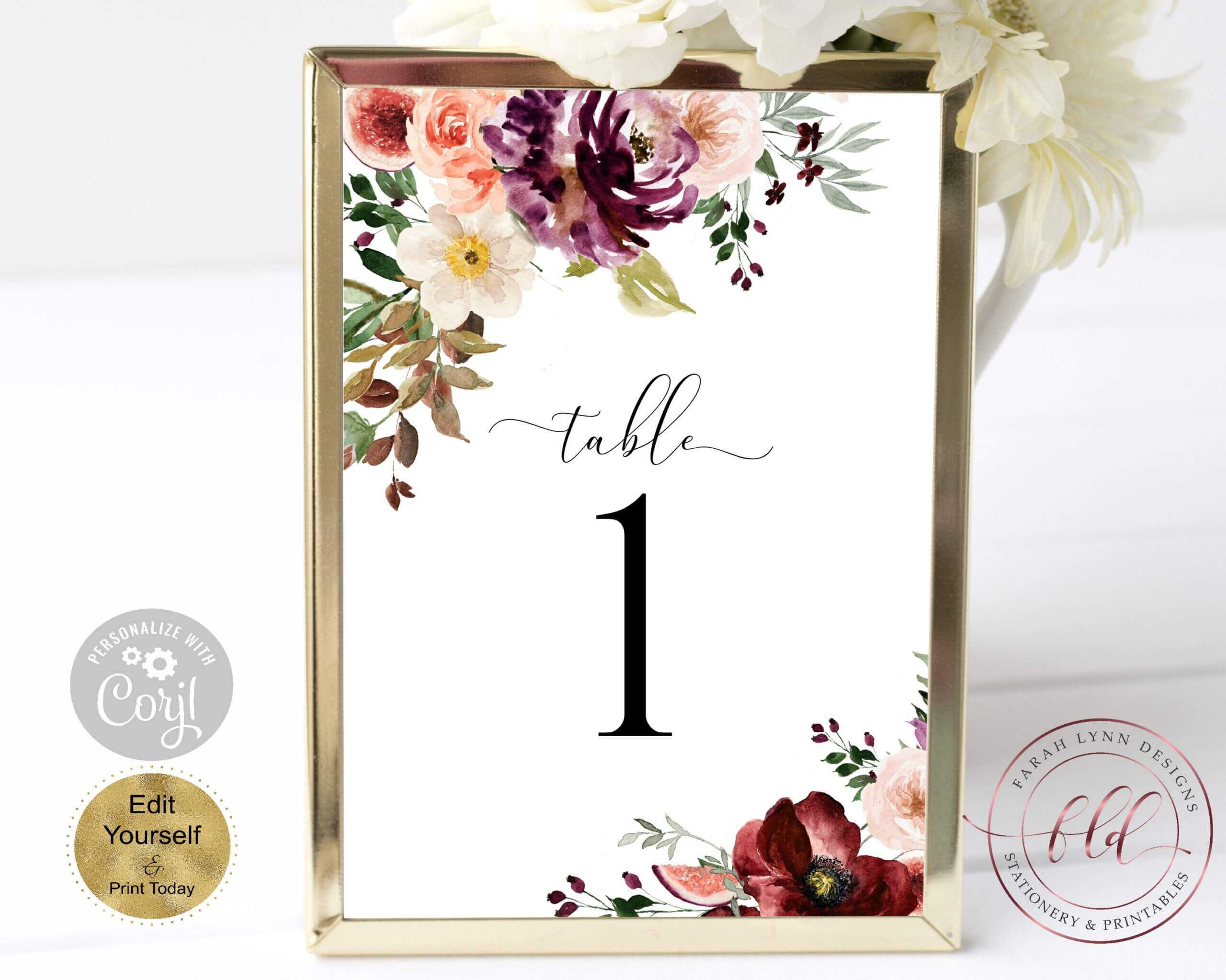 Printable Table Number Cards, Fall Florals, Boho Floral In Table Number Cards Template