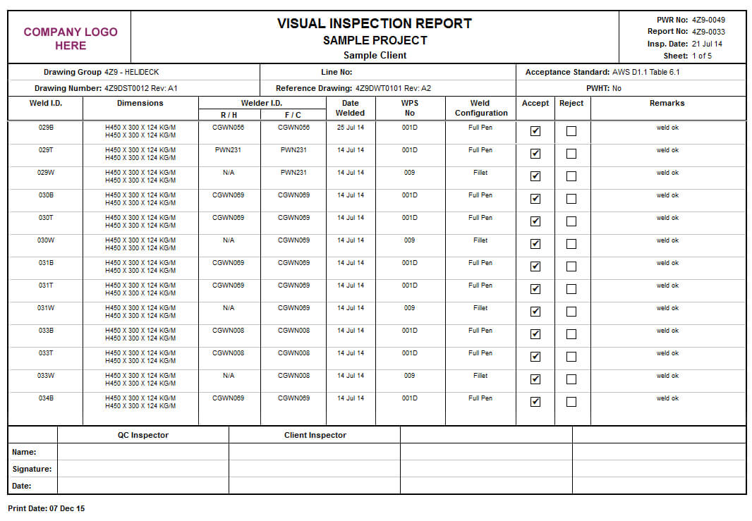 Product Detail Intended For Welding Inspection Report Template