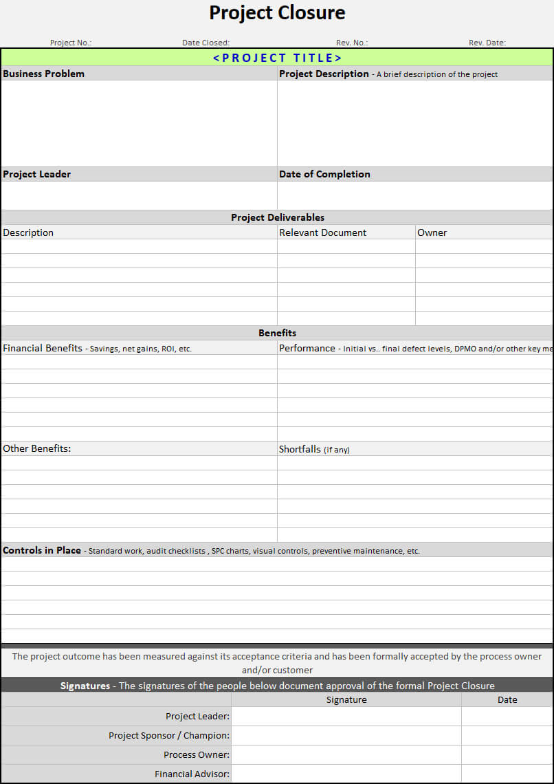 Project Closure Template | Continuous Improvement Toolkit Inside Closure Report Template