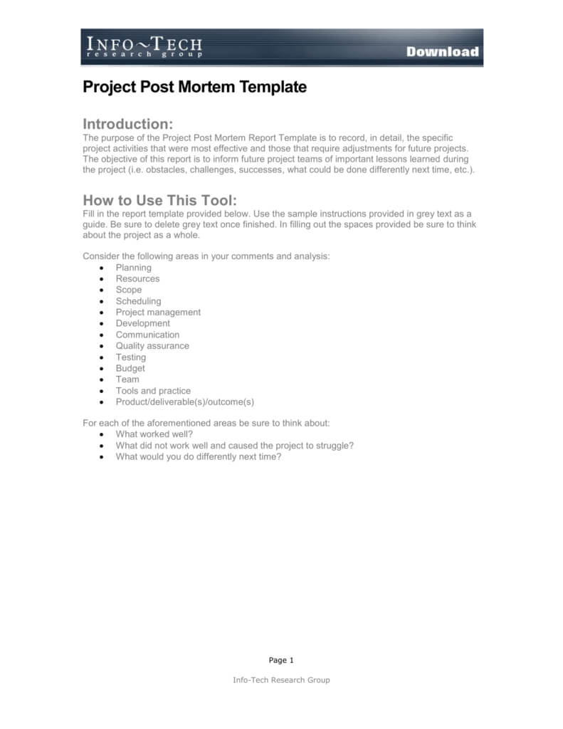 Project Post Mortem Template With Project Analysis Report Template