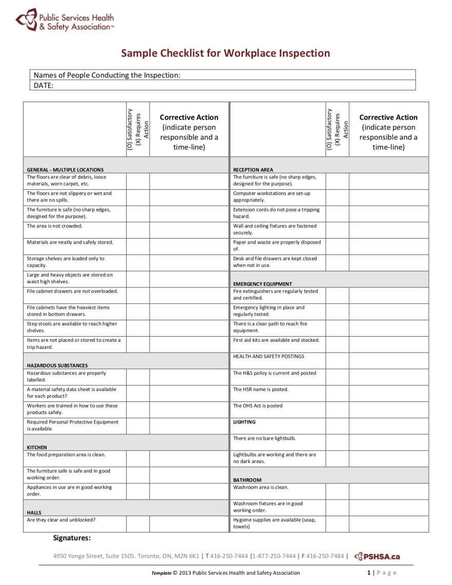 Pshsa | Sample Workplace Inspection Checklist Pertaining To Annual Health And Safety Report Template