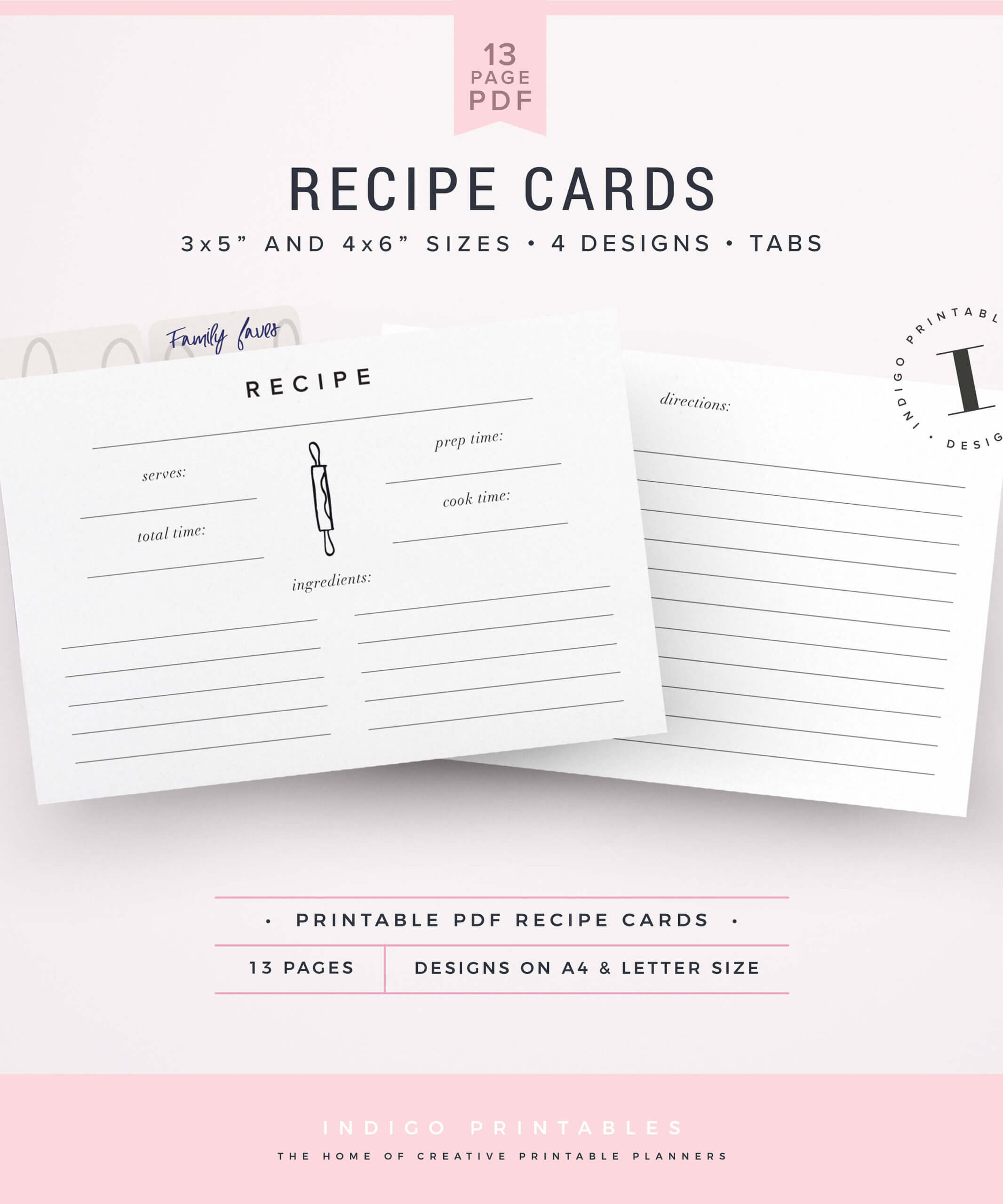 Recipe Cards, Printable Recipe Cards, Recipe Card Template, Index Card  Recipes, 3X5 Recipe Cards, 4X6 Recipe Cards, Recipe Card Tabs For Index Card Template For Pages