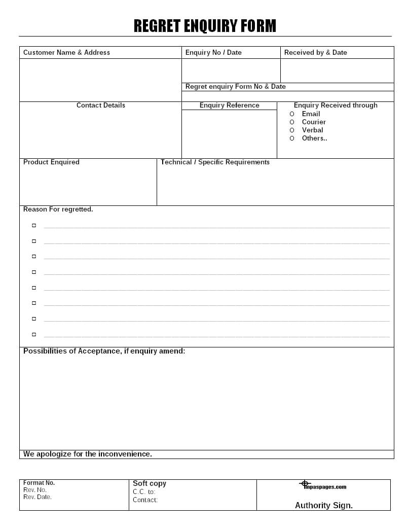 Regret Enquiry Form Format Intended For Enquiry Form Template Word