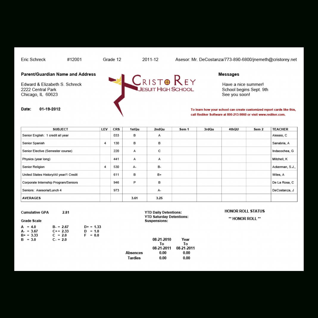 Report Card Template College Cristo Rey High School 4Web Intended For Fake College Report Card Template