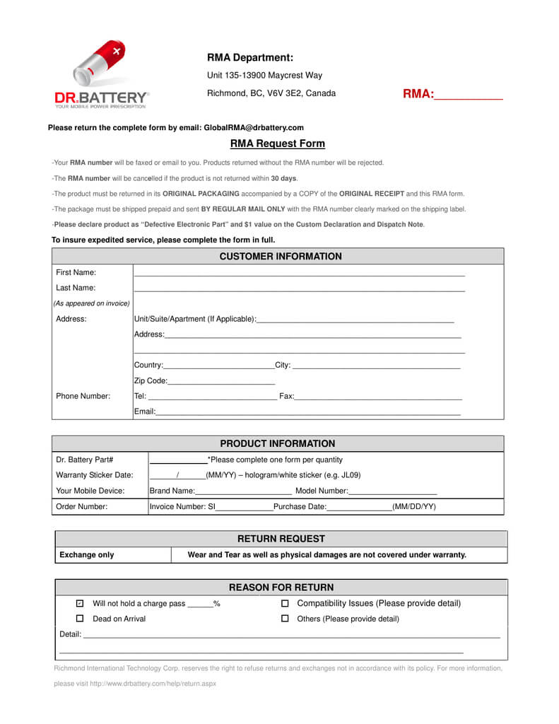 Rma Department: Rma:       Rma Request Form With Regard To Rma Report Template