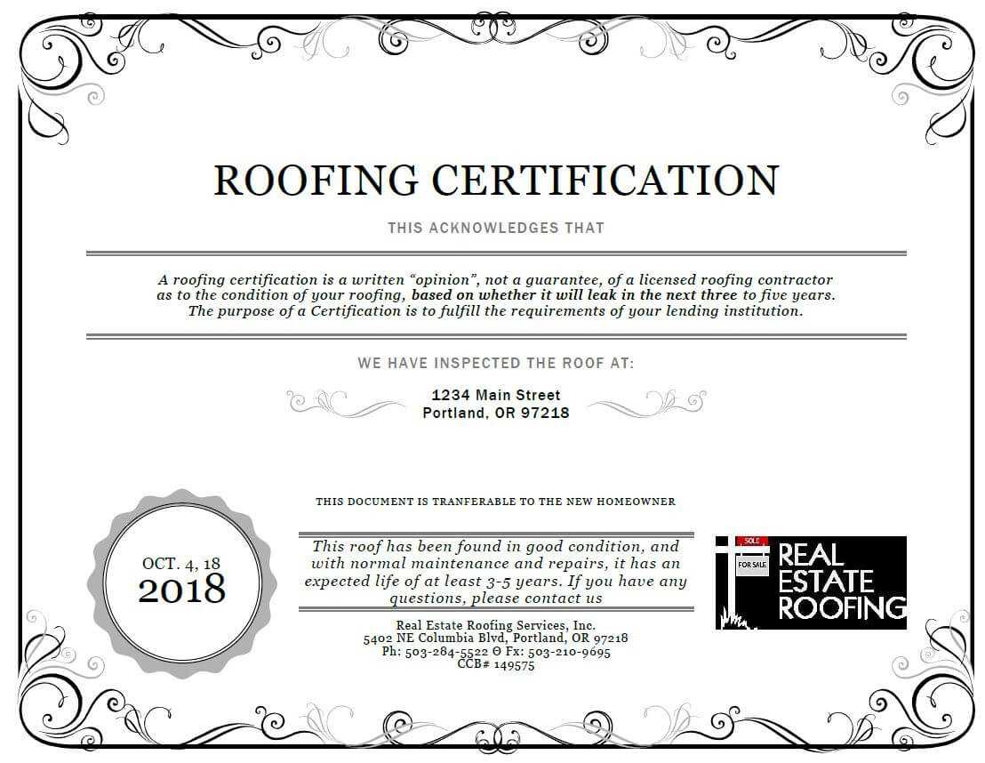 Roof Certification: Sample | Real Estate Roofing Inside Roof Certification Template