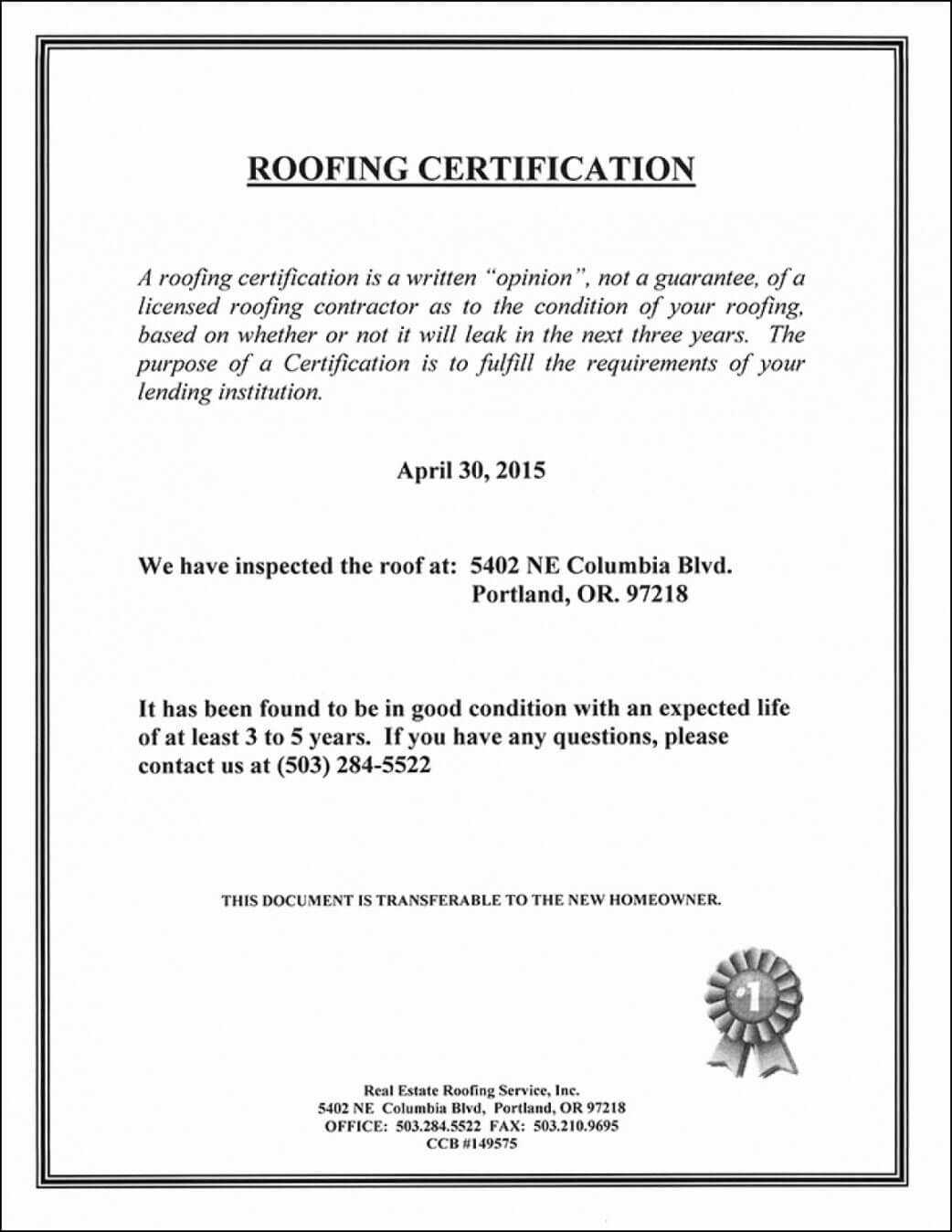 Roofing Certificate Of Completion Template Lovely Roof Intended For Roof Certification Template