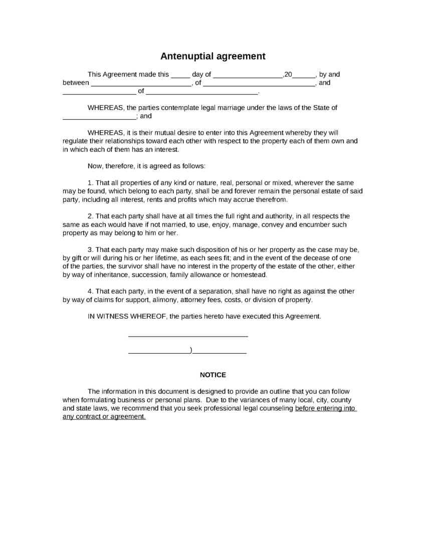 Sample Antenuptial Agreement Form, Blank Antenuptial Inside Blank Legal Document Template