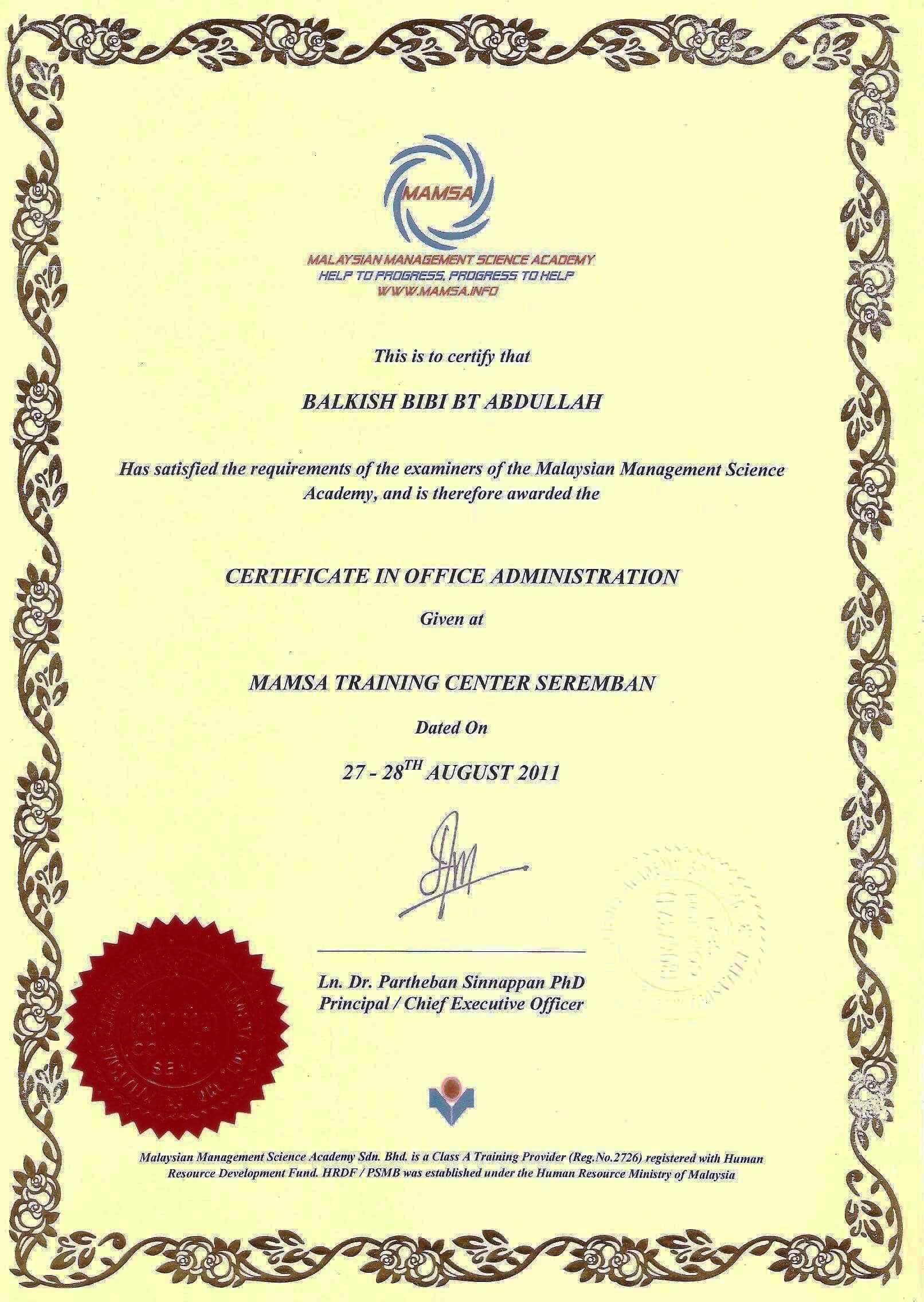 Sample Certificates – Mamsa Intended For Certificate Of Authorization Template