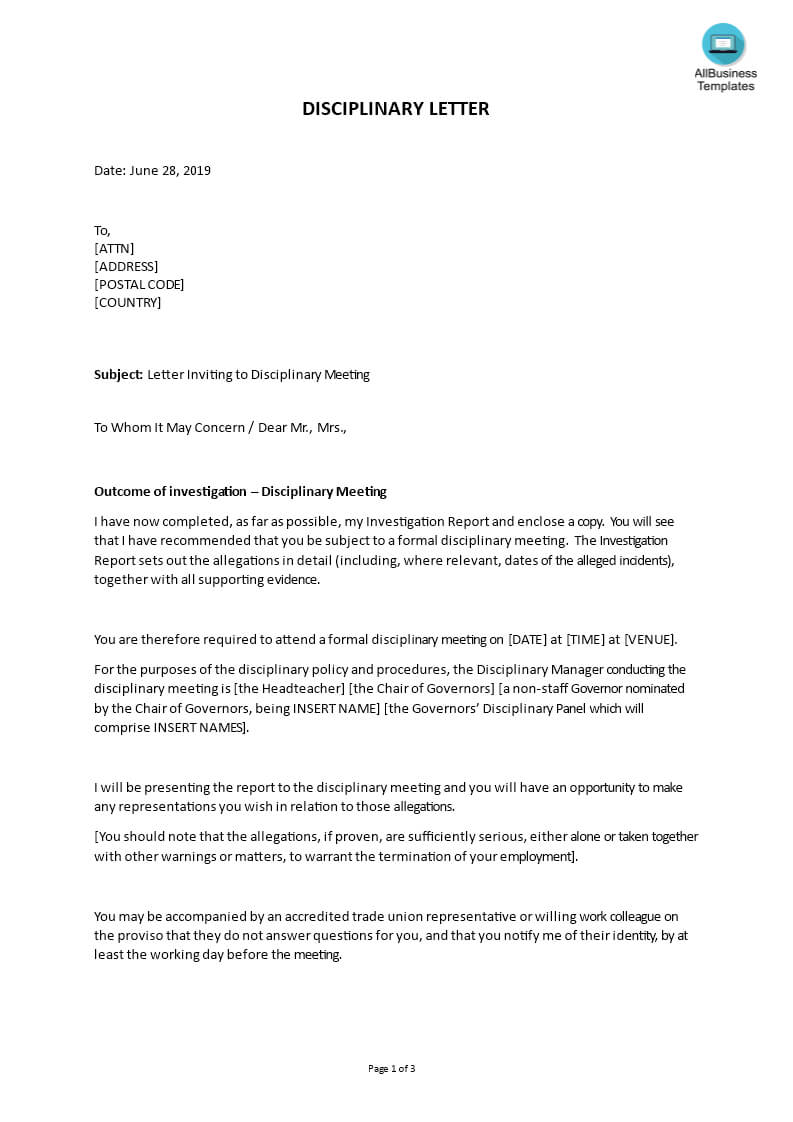 Sample Letter Inviting To Disciplinary Meeting | Templates At Throughout Investigation Report Template Disciplinary Hearing